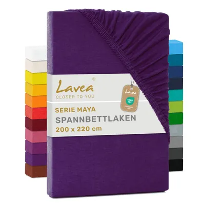 Produktbild von Lavea® Spannbettlaken 200x220cm, Maya, 100% Baumwolle, Boxspringbetten, Wasserbetten, atmungsaktives Bettlaken Matratzen bis 35cm - Dunkellila
