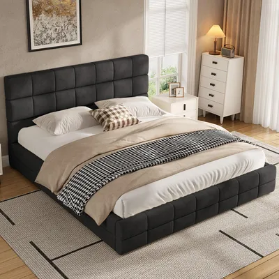 Produktbild von Polsterbett 180x200 cm Schwarz, Gepolstertes Plattformbett mit Kopfteil & Lattenrost, Modernes Doppelbett aus Samt, Stabiler Rahmen bis 220kg, Design-Bettgestell für Schlafzimmer