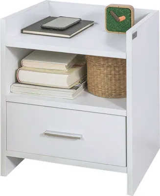 A white nightstand with a drawer and shelves.