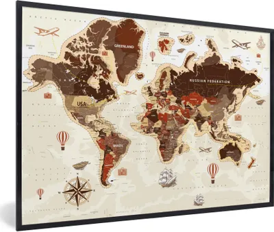 Produktbild von MuchoWow® Gerahmtes Poster Weltkarte - Vintage - Kompass 90x60 cm - Poster mit Schwarzem Bilderrahmen Wandposter Rahmen Foto Bilder - Fotorahmen - Foto-Plakat