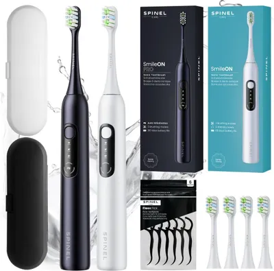 Zdjęcie produktu dla Szczoteczka elektryczna SpinelCare SmileOn White + PRO Black + 4 białe końcówki + 2 etui