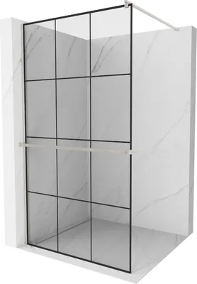 Produktbild von Mexen Kioto+ Duschwand mit Walk-in-Regal 100 x 200 cm, schwarzes Muster, gebürstetes Nickel - 800-100-121-97-77