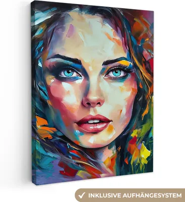 Produktbild von MuchoWow® - Leinwandbilder - Gesicht - Frau - Ölfarbe - Farbenfroh - Kunst, Wandbild, Wanddeko Bilder Wohnzimmer, 60x80 cm