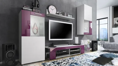 Produktbild von Vladon Wohnwand Movie, Anbauwand bestehend aus 1 TV-Board, 2 Vitrinen und 1 Regal, Weiß matt/Weiß matt/Brombeer Hochglanz (Gesamt: 300 x 190 x 39 cm)