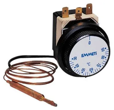 A thermostat with a temperature dial and a copper probe.