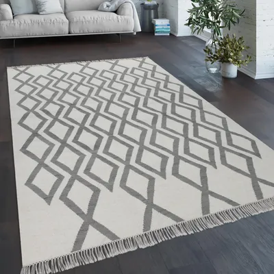 Produktbild von Teppich Wohnzimmer Boho Stil Fransen Handgewebt Woll-Baumwoll Gemisch Grau Creme Grösse 160x230 cm