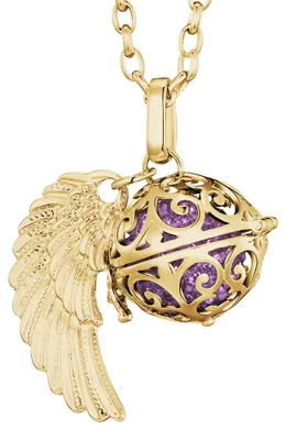 Produktbild von Morella Damen Halskette gold Edelstahl 70 cm mit goldenem Anhänger Engelsflügel und Klangkugel Zirkonia flieder Ø 16 mm in Schmuckbeutel