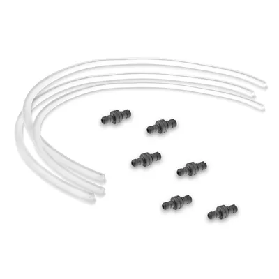 A set of clear tubing and several small gray connectors arranged on a white background.