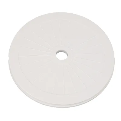 A white, round plastic skimmer lid with a sunburst pattern and a central hole, isolated on a white background.