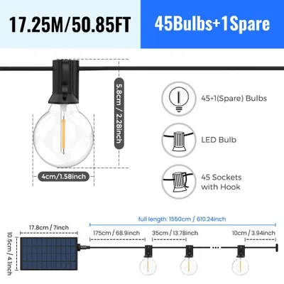 Zdjęcie produktu dla Łańcuch świetlny LED zasilany energią słoneczną do użytku zewnętrznego - oświetlenie zewnętrzne G40 - 17,25 m - 46 żarówek - IP44 - możliwość regulacji jasności - ciepła biel 3000 K
