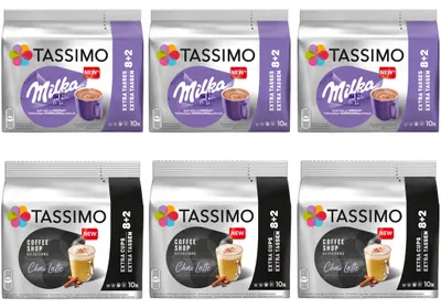Produktbild von TASSIMO Kapseln Choco-Chai-Paket je 3 Packungen Milka & Chai Latte 60 Getränke