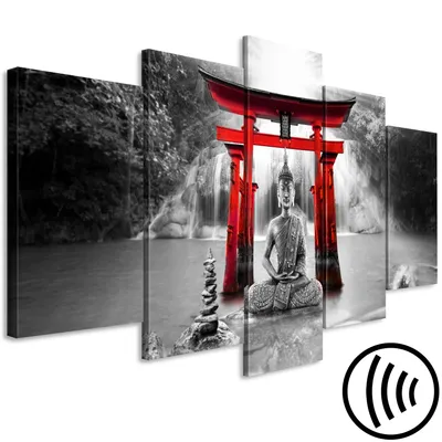 Produktbild von Akustikbild Buddha 200x100 cm Bilder Akustikschaum Hochleistungsschallabsorber Schallschutz Leinwand 5 tlg Wandbild Raumakustik Schalldämmung Orient Zen Wasserfall p-A-0033-b-p