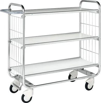 Produktbild von Kongamek Bordwagen verzinkt mit 3 laminierten Böden 1195x470mm und vergitterten Stirnwänden und Bremse