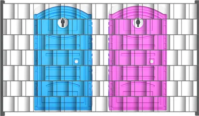Produktbild von Wallario Zaunsichtschutz mit Motiv Klo-Häuschen blau und pink Herren und Damen nebeneinander für Ein- und Doppelstabmatten Zäune in der Größe 250 x 140 cm