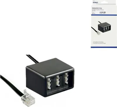 Produktbild von DINIC TAE Verteiler, 3x TAE N/F/F Buchse auf RJ11/RJ45 Stecker (6P4C), 0,2 m, Schwarz