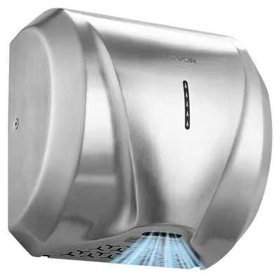 Image de Sèche-mains mural VEVOR, 1800W, électrique, en acier inoxydable, haute vitesse, séchage rapide, filtre HEPA, IPX4, capteur infrarouge, double mode pour les toilettes professionnelles et privées