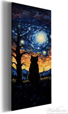 Produktbild von Wallario Premium Leinwandbild Katze im Sternenlicht in Größe 60 x 150 cm