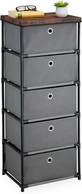 Productafbeelding van Bijzetkastje - 5 stoffen lades - Metaal - Houtlook - Woonkamer - 105x43x33 cm - Ladekastje industrieel - Grijs-bruin