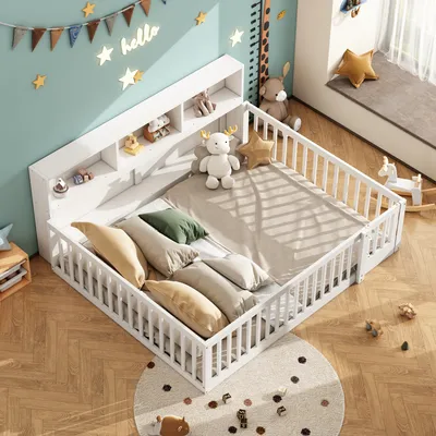 Produktbild von STILVORA Kinderbett 140x200 mit Staufach,Stauraumbett Bettgestell mit Geländer,Holzbett mit Lattenrost,Weiß(Ohne Matratze)