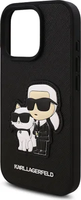 A black iPhone case with a Karl Lagerfeld and Choupette design.