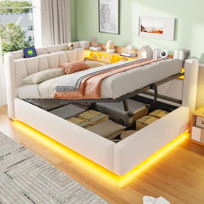 Productafbeelding van Polsterbankbed 140 x 200 cm met opbergruimte, hydraulisch hefsysteem, LED-verlichting en USB-oplaadpoort, geschikt als dagbed, kinderbed of jeugdbed, met rugleuning, fluwele bekleding, beige kleur