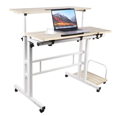 Produktbild von Computertisch höhenverstellbar Laptoptisch Laptopständer mit Rollen und neigbar Tischplatte  102*60*67-115cm Ahorn
