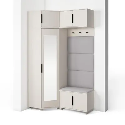 Produktbild von Garderoben-Set Napoli Version 19: Eckschrank mit Polsterpaneelen, Schuhschrank und Schrankaufsatz Flur und Eingangsbereich (Cashmere/Trinity 14)