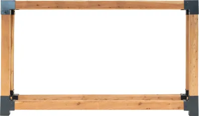 A wooden firewood rack with metal corner brackets, isolated on a white background.