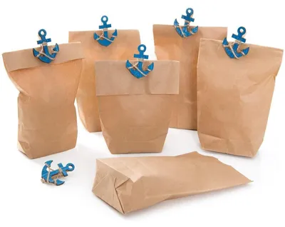 Produktbild von Set: 6 Stück Papiertüten braun 14 x 22 x 5,6 cm Tüten für Gäste und Kunden + 6 blaue maritime Schiffs-ANKER Deko-Klammern Zierklammern Wäscheklammern Fischklammern 5,5 x 4,5 cm give-away
