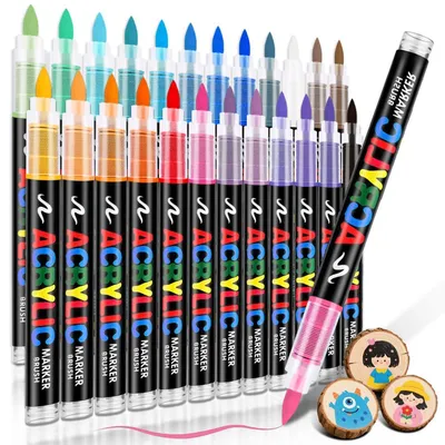 Immagine prodotto di Set di pennarelli acrilici, 24 colori, resistenti all'acqua, con punta a pennello, ideali per la decorazione su pietra, legno, vetro, Vetroceramica e per progetti di artigianato e fai-da-te