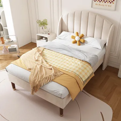 Image de MODFU Lit Simple 90x200 cm - Lit Capitonné Adolescent - Velours - Sans Matelas - Beige