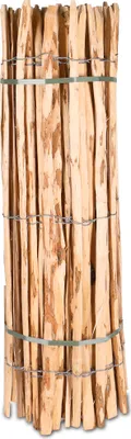 A bundle of wooden stakes tied together with wire and green straps.