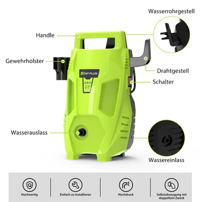 Obrázok produktu pre Vysokotlakový čistič - 1200 W - Tlak: 60 bar - Prietok: 360 l/h - Prenosný - Vhodný na umývanie auta, záhrady a dvora