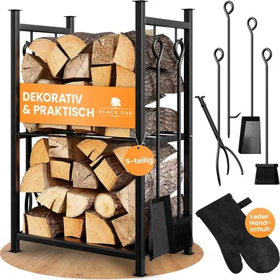 Produktbild von BLACK OAK Kaminholzständer "Antero" mit Kaminbesteck - Set inkl. Lederhandschuh