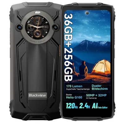 Obrázek produktu pro 2025 Blackview BV8200 Odolný outdoorový mobilní telefon 36GB+ 256GB,6.5" FHD+1.3'' duální displej, 8800mAh, 50MP, Helio G100, NFC, IP68, 170 lumenů