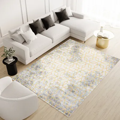Produktbild von Teppich Wohnzimmer Schlafzimmer Kurzflor Modern Meliert Vintage Design Grau Gelb  80 x 150 cm
