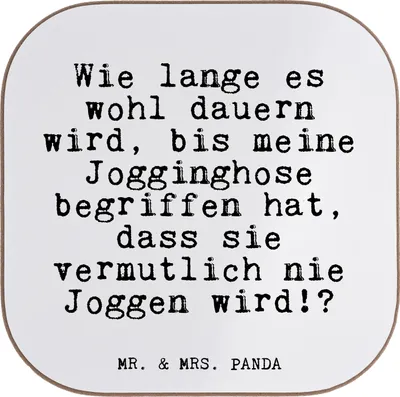 Produktbild von Mr. & Mrs. Panda Untersetzer für Gläser Wie lange es wohl... - Weiß - Geschenk, lustig, chillen, Sport, Couch, Joggen, Tasse, Coaster, Tischschoner, Glas, Sprüche, Spruch