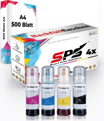 Produktbild von Druckerpapier A4 + 4x Multipack Set Kompatibel für Epson EcoTank ET-2700 (102/C13T03R240, C13T03R340, C13T03R440, C13T03R140) Nachfüllflaschen