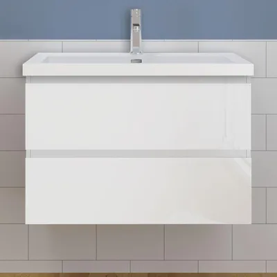 Produktbild von Waschtisch mit Unterschrank 80cm Alast Badmöbel Set Hochglanz Weiß Rechteckiges Waschbecken mit Unterschrank MDF Softclose