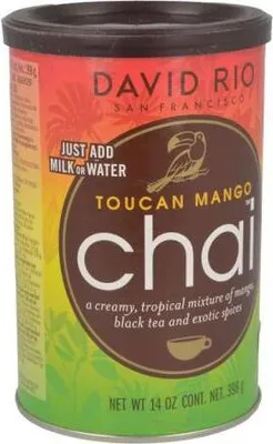 A product shot of a can of David Rio Toucan Mango Chai.