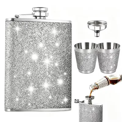 Edelstahl-Heupfles 240 ml mit 2 Gläsern & Trichter, silber