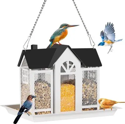 Productafbeelding van Ibenzoa® vogelvoerstation van metaal – met 3 aparte zaadbakken, een capaciteit van 2,3 kg, bestand tegen eekhoorns en roestbestendig, gemakkelijk te vullen, geschikt voor tuin en terras