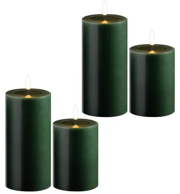 Produktbild von 4er Set Led Kerzen flackernde Flamme mit Echtwachspiegel grün 7,5cm ø 2x 15 cm, 2x10 cm Höhe, LED Kerzen mit Timerfunktion, 2 AA Batterien nötig, LED Echtwachs Stumpenkerzen warmweiß