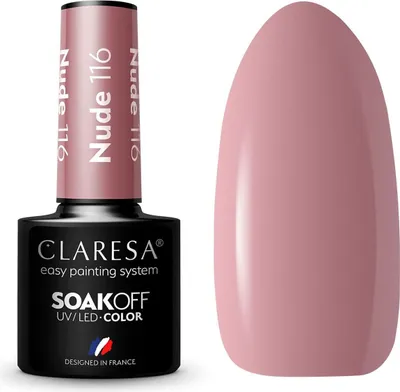 A bottle of CLARESA hybrid gel nail polish and a swatch of the color.