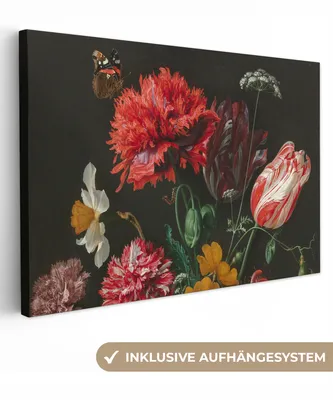 Produktbild von MuchoWow® - Leinwandbilder - Stilleben mit Blumen in einer Glasvase - Gemälde von Jan Davidsz. de Heem, Wandbild, Wanddeko Bilder Wohnzimmer, 90x60 cm