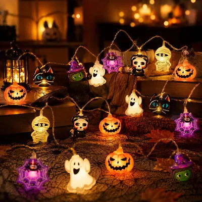 Halloween-Lichterkette 3 m, 20 LEDs, Kürbis, Sensenmann, schwarze Katze