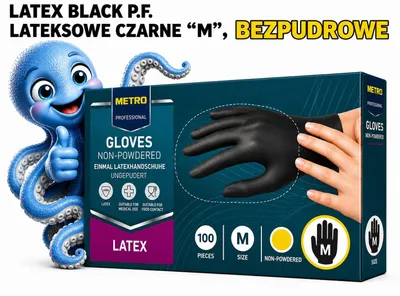 Obrázok produktu pre Latexové rukavice bez prachu, značka Metro, čierne, 100 kusov, veľkosť M, jednorázové ochranné rukavice