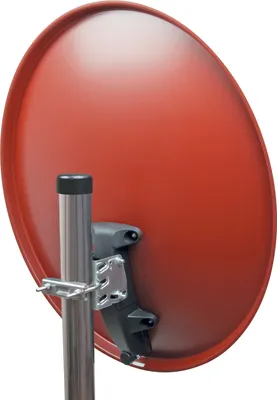 The back of a red satellite dish mounted on a gray pole.