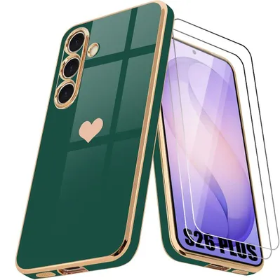 Image de Coque + 2 Verres Trempés pour Samsung Galaxy S26 Plus, Protection Silicone Motif Cœur Antichoc Anti-Rayure Vert Nuit