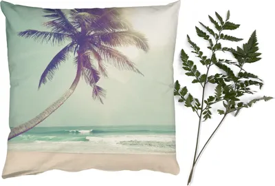 Produktbild von MuchoWow® Zierkissen Sofakissen Wohnzimmer Dekokissen 50x50 cm Retro - Palme - Sonne - Sommer - Komfort - Sofakissen